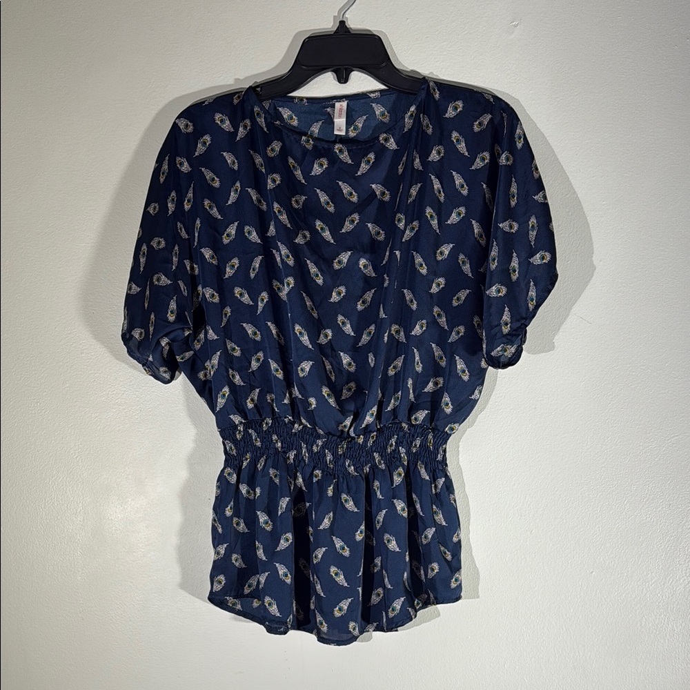 XHILARATION Navy Blue Printed Silk Women's Top Size S Elastic Waistband.
